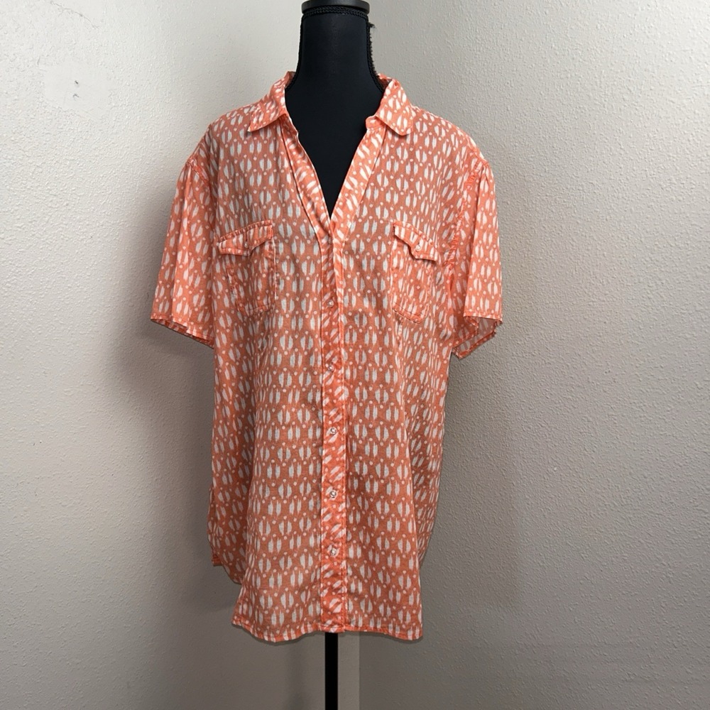 Bit and Bridle Blouse Women's 2X Coral‎ Button Front Geometric Cowgirl Casual